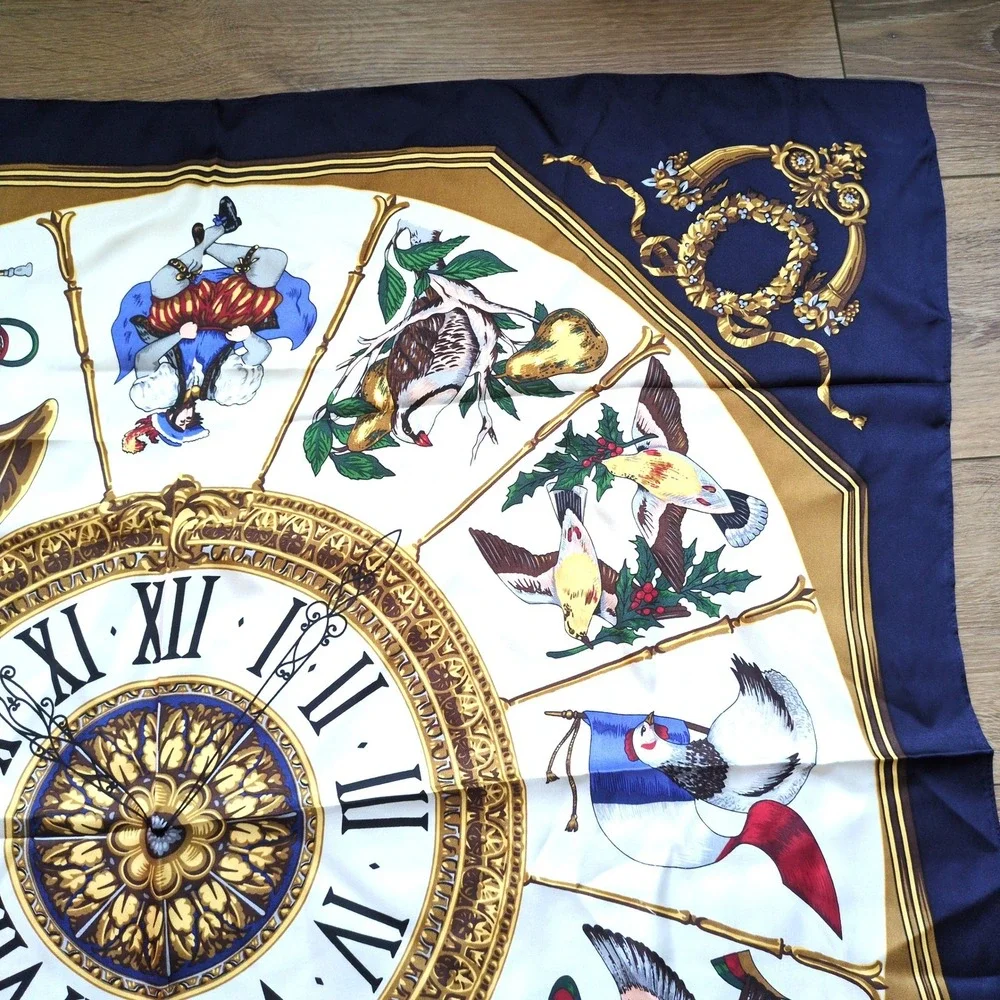 Echo for Talbots Silk Holiday Scarf 12 Days of Christmas Silk Clock Navy Blue